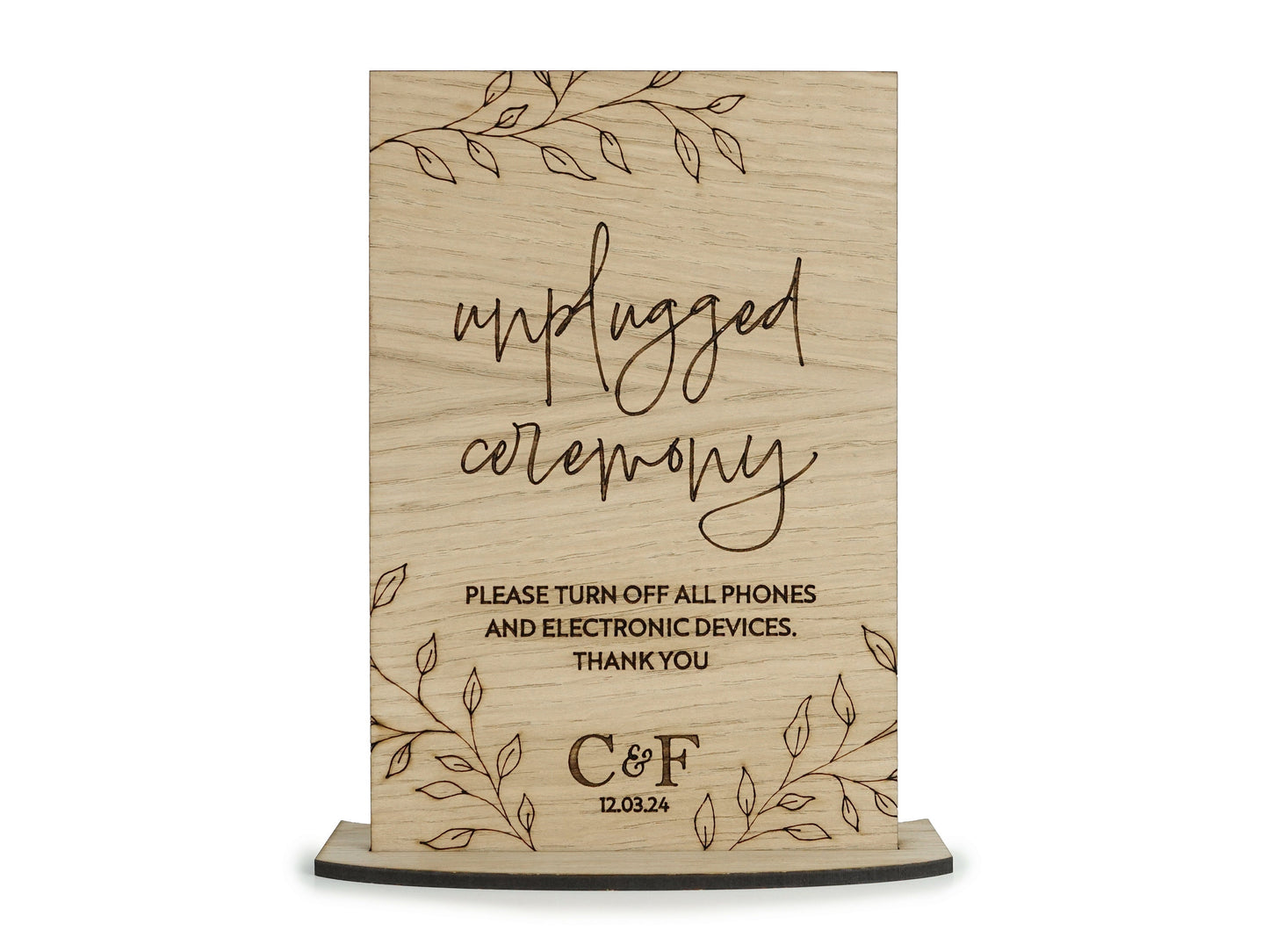 Wooden Unplugged No Phones Wedding Sign - Personalised with initials and wedding date VA214