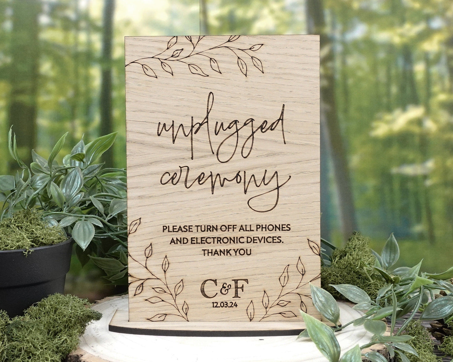 Wooden Unplugged No Phones Wedding Sign - Personalised with initials and wedding date VA214