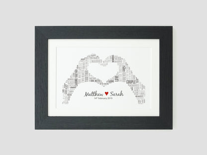Personalised wedding day gift | Heart hands word art | Couples present | Anniversary Gift | Word cloud print VA010