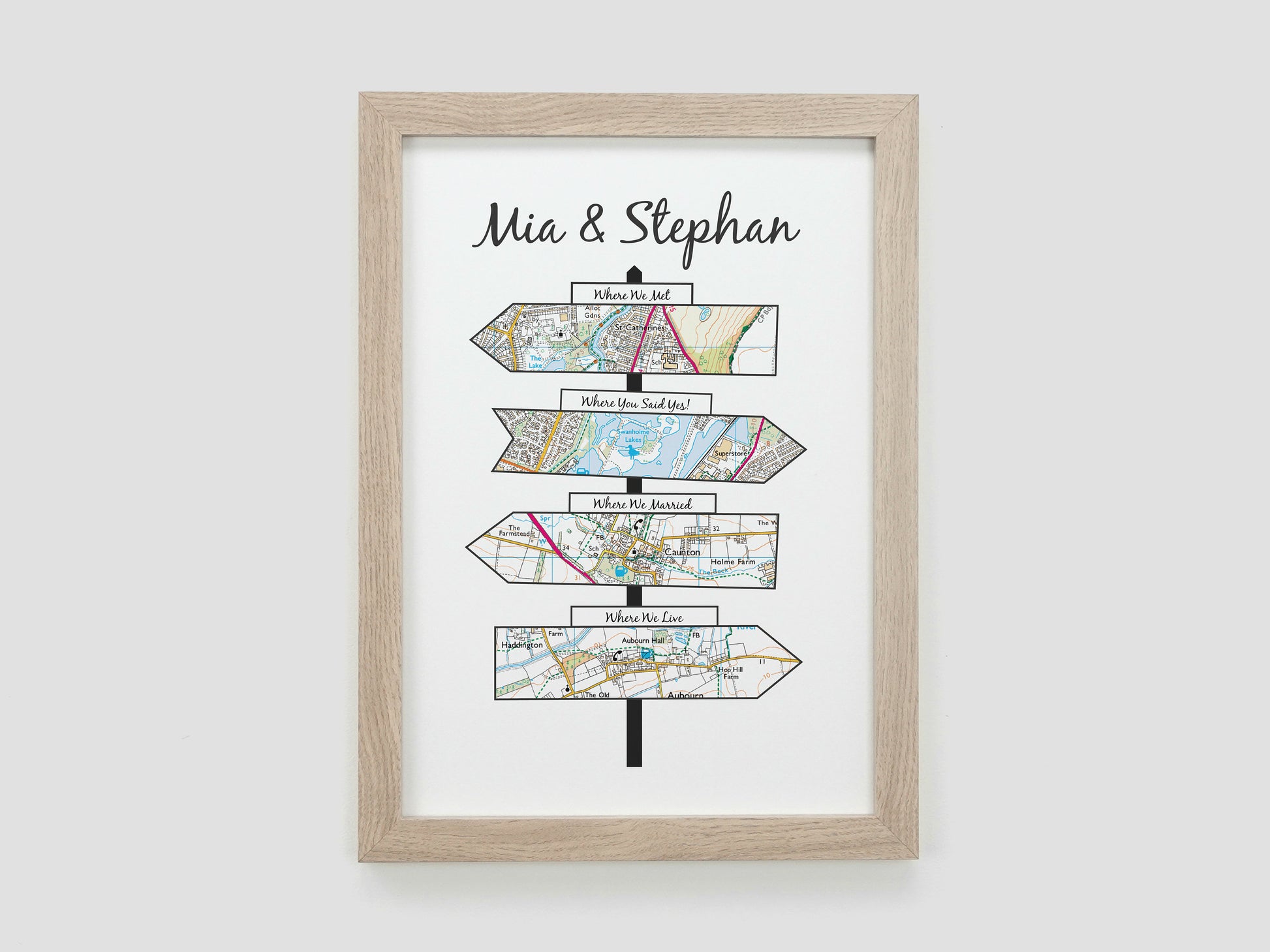 Personalised Signpost Map Gift | Wedding Anniversary Present | Met Engaged Married | Where We Met Map | Paper Anniversary Print VA161