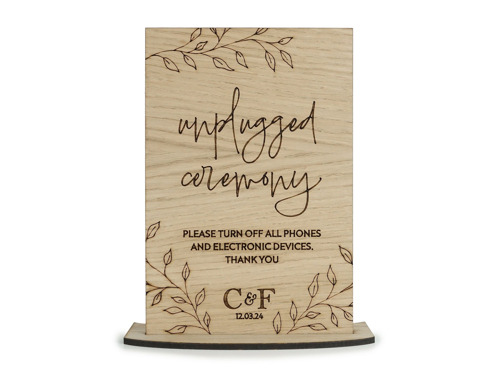 Wooden Unplugged No Phones Wedding Sign - Personalised with initials and wedding date VA214