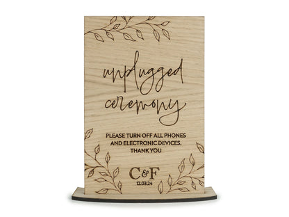 Wooden Unplugged No Phones Wedding Sign - Personalised with initials and wedding date VA214