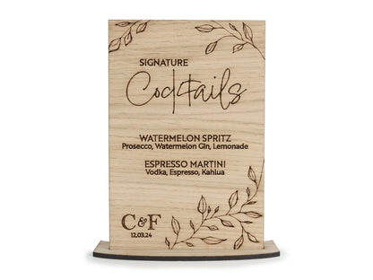 Wooden Drinks Cocktails Wedding Sign - Personalised with initials and wedding date VA237