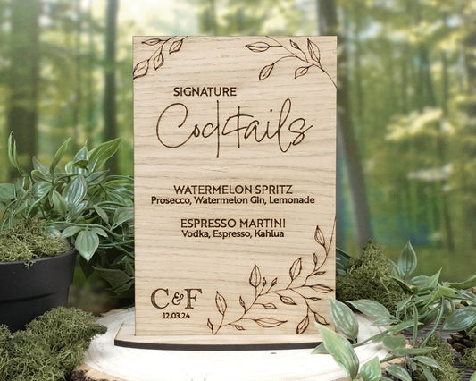 Wooden Drinks Cocktails Wedding Sign - Personalised with initials and wedding date VA237