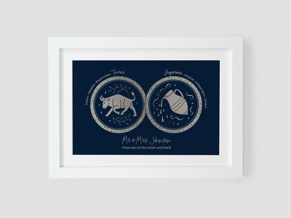 Couple star sign print with metallic finish
