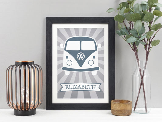 VW Campervan wall art print | Personalised camper van poster print | Volkswagen camper gift | Mancave wall decor COLOUR CHOICE VA044