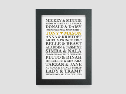 Personalised couples Disney wedding gift print | Disney paper anniversary gift | Gift for Disney lover | Disney couples gift VA034