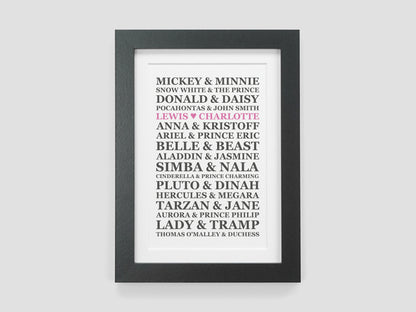 Personalised couples Disney wedding gift print | Disney paper anniversary gift | Gift for Disney lover | Disney couples gift VA034