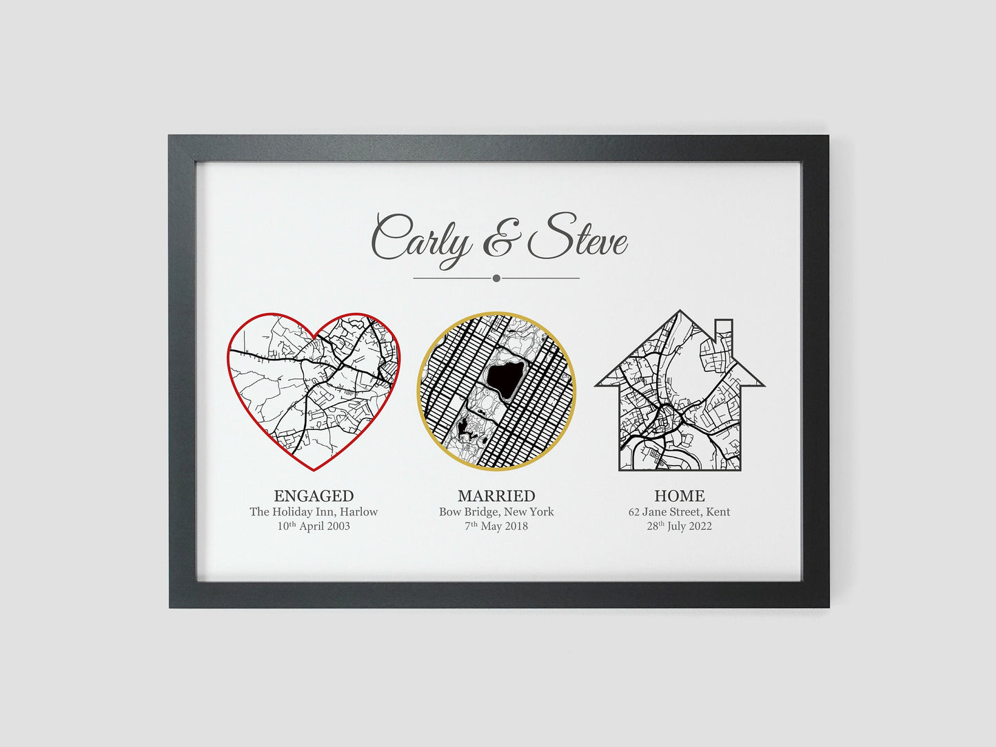 Met Engaged Married Map print | Wedding Anniversary Print | Where we met | Birthday gift for wife | Paper anniversary CHOICE OF SHAPE VA057
