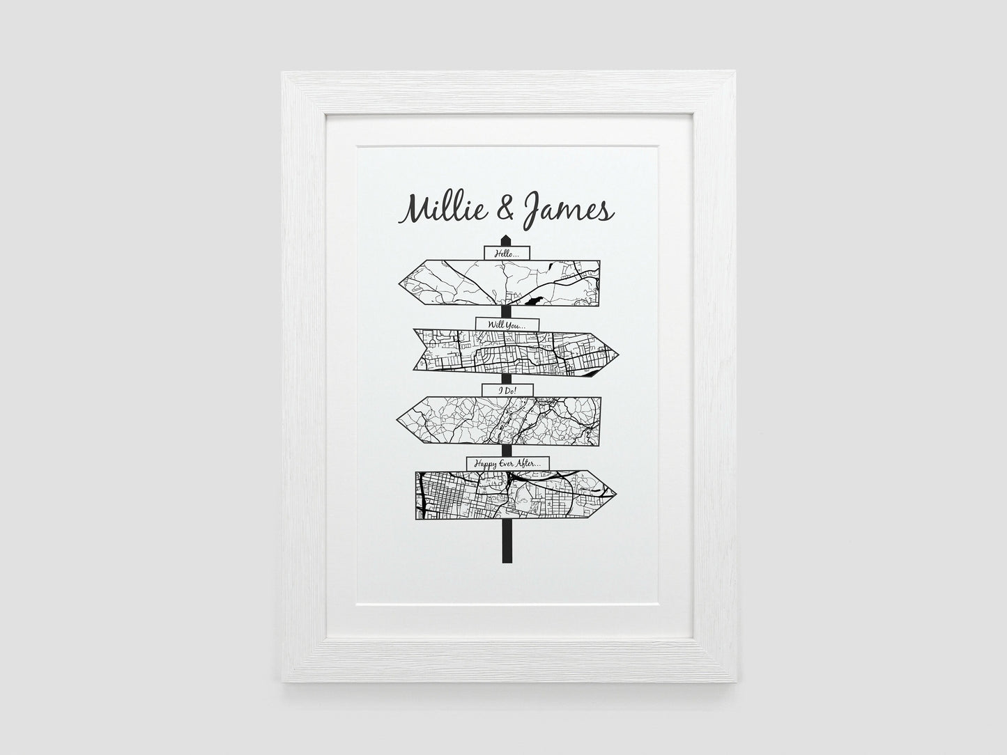 Personalised Signpost Map Gift | Wedding Anniversary Present | Met Engaged Married | Where We Met Map | Paper Anniversary Print VA161