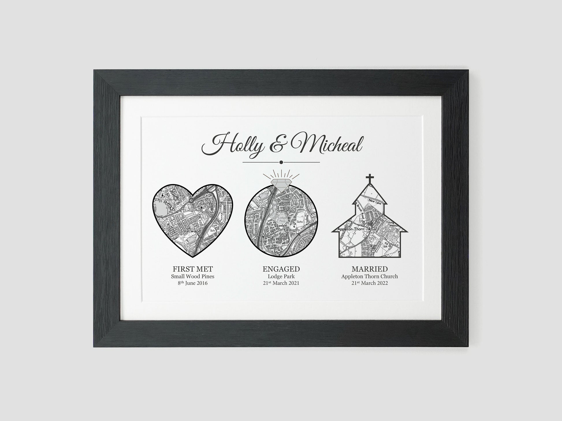 Met engaged married couples wedding anniversary gift | Personalised with maps of your special places VA204