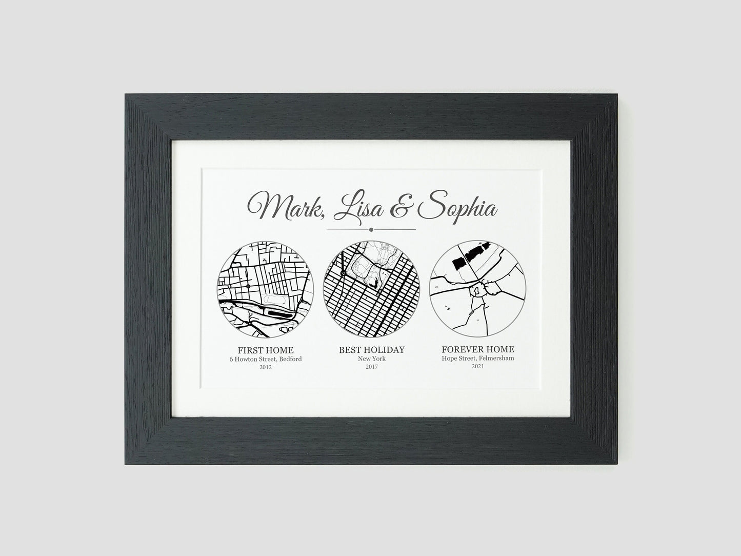 Met Engaged Married circle map print | Personalised maps showing any any three life events VA209