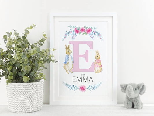 Rabbit Nursery Name Print | Personalised Naming Day Christening Gift | New Baby Child Present | Wall Décor Print VA131
