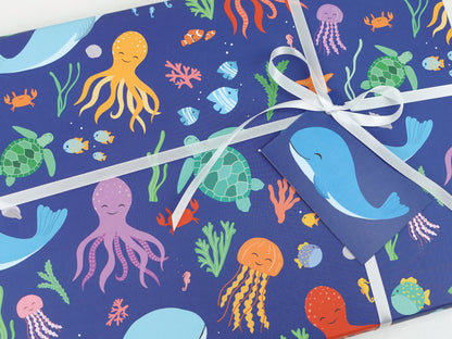 Under the sea wrapping paper | Children's eco friendly gift wrap | Premium quality sheets + Tags | Zero plastic packaging 70x50cm