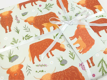 Highland cow wrapping paper | Scottish highlands eco friendly gift wrap | Premium quality sheets + Tags | Zero plastic packaging 70x50cm