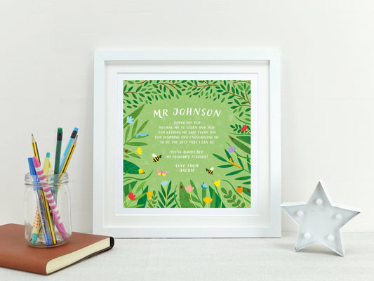 Thank you teacher gift | Personalised floral nursery leaving present | Gift for teacher school nursery TA | Insect school present VA022