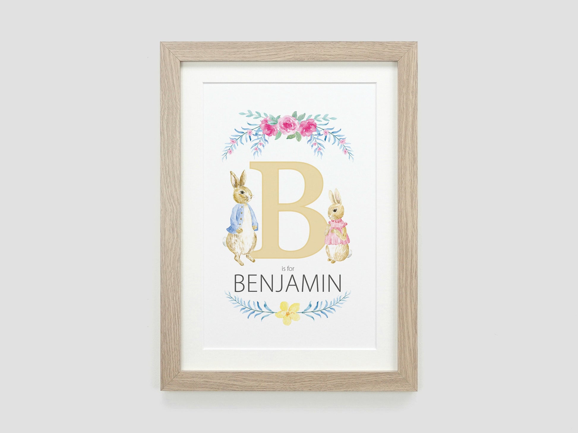 Rabbit Nursery Name Print | Personalised Naming Day Christening Gift | New Baby Child Present | Wall Décor Print VA131