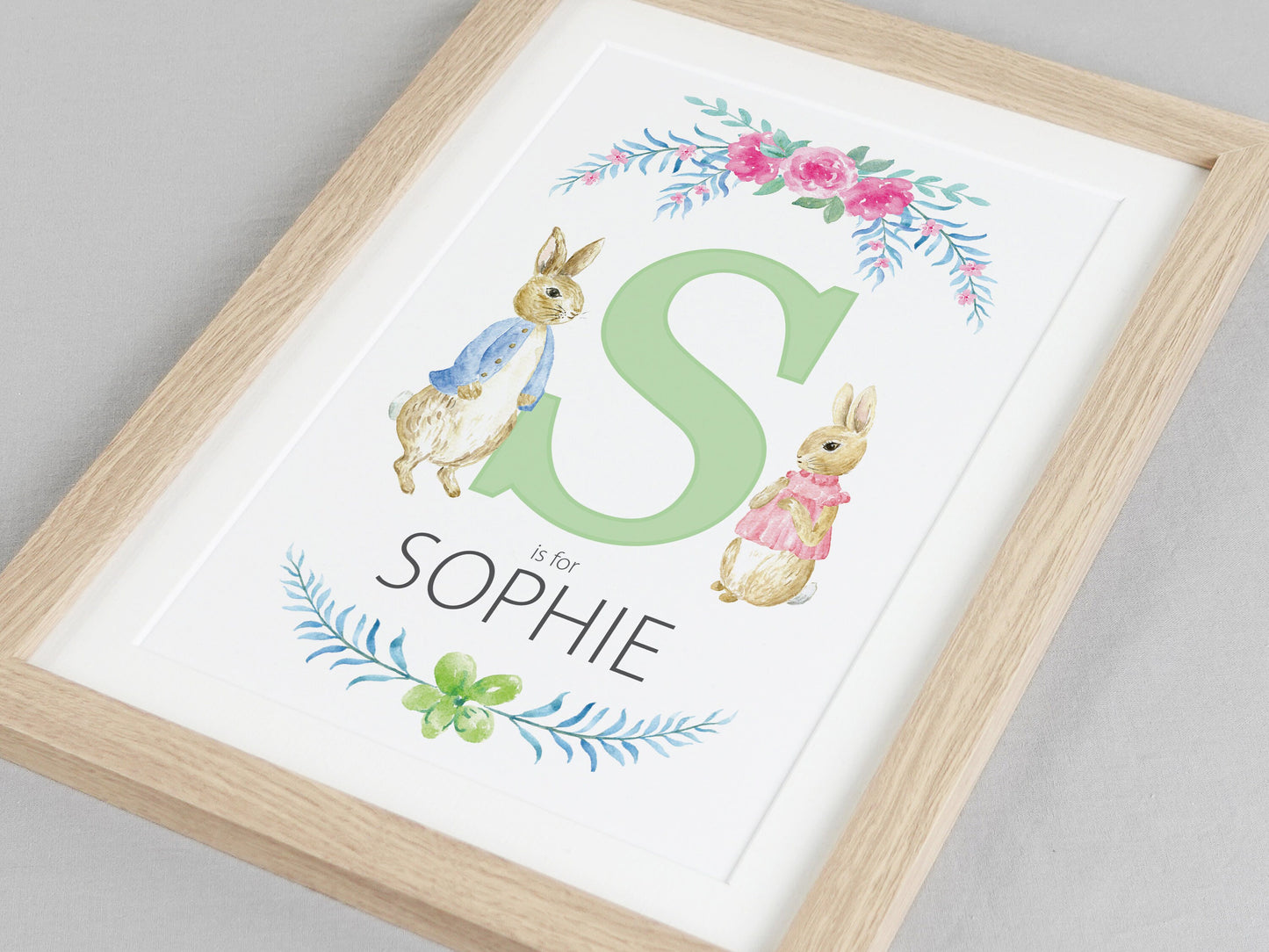 Rabbit Nursery Name Print | Personalised Naming Day Christening Gift | New Baby Child Present | Wall Décor Print VA131