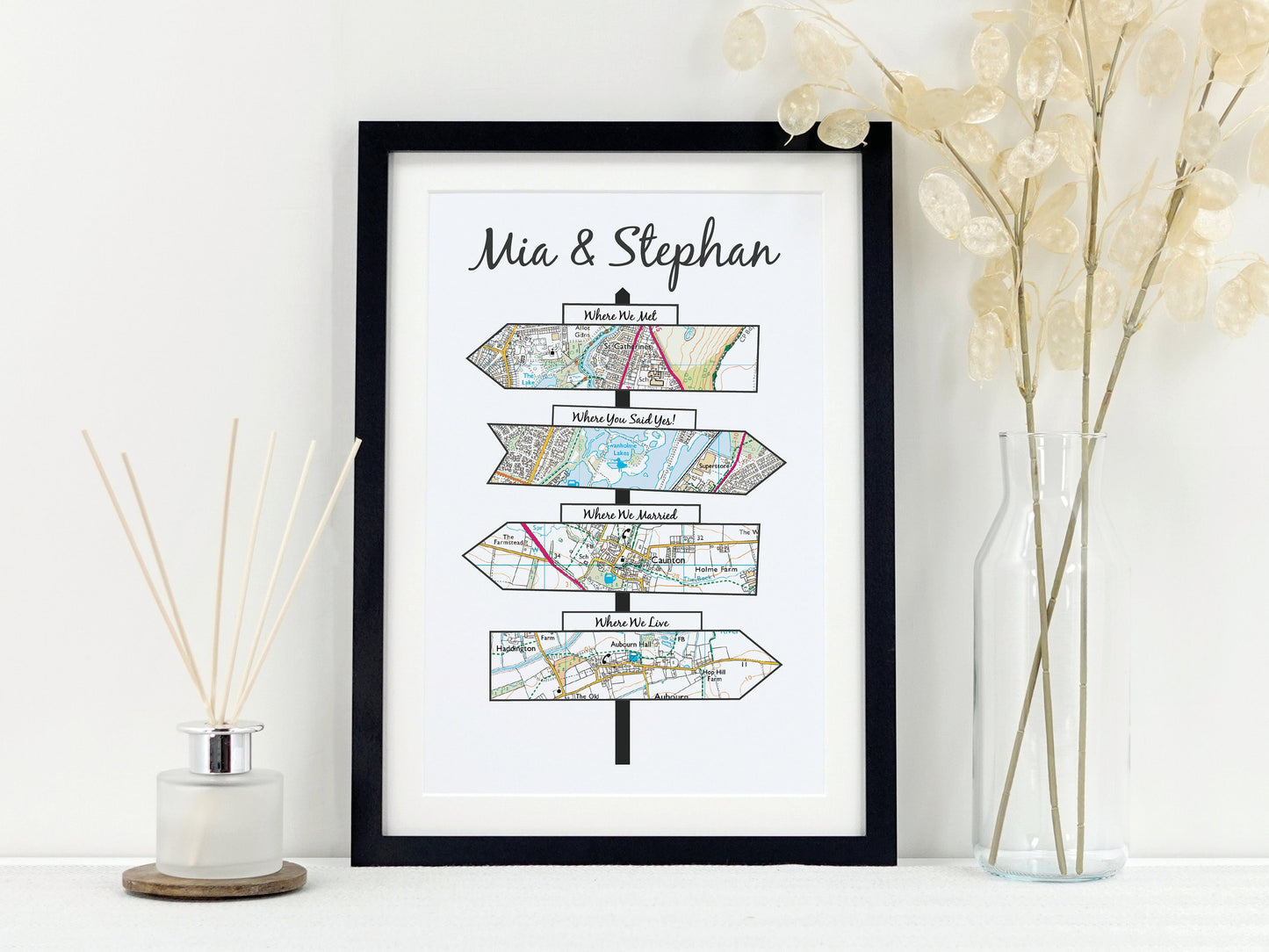 Personalised Signpost Map Gift | Wedding Anniversary Present | Met Engaged Married | Where We Met Map | Paper Anniversary Print VA161