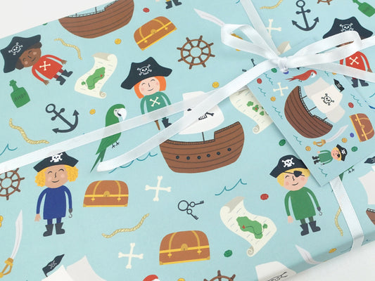 Pirate wrapping paper | Children's birthday Eco friendly gift wrap | Premium quality sheets + Tags | Zero plastic packaging 70x50cm