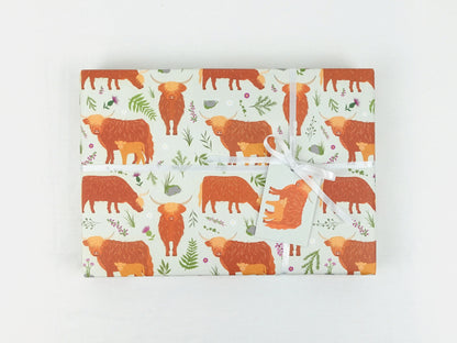 Highland cow wrapping paper | Scottish highlands eco friendly gift wrap | Premium quality sheets + Tags | Zero plastic packaging 70x50cm