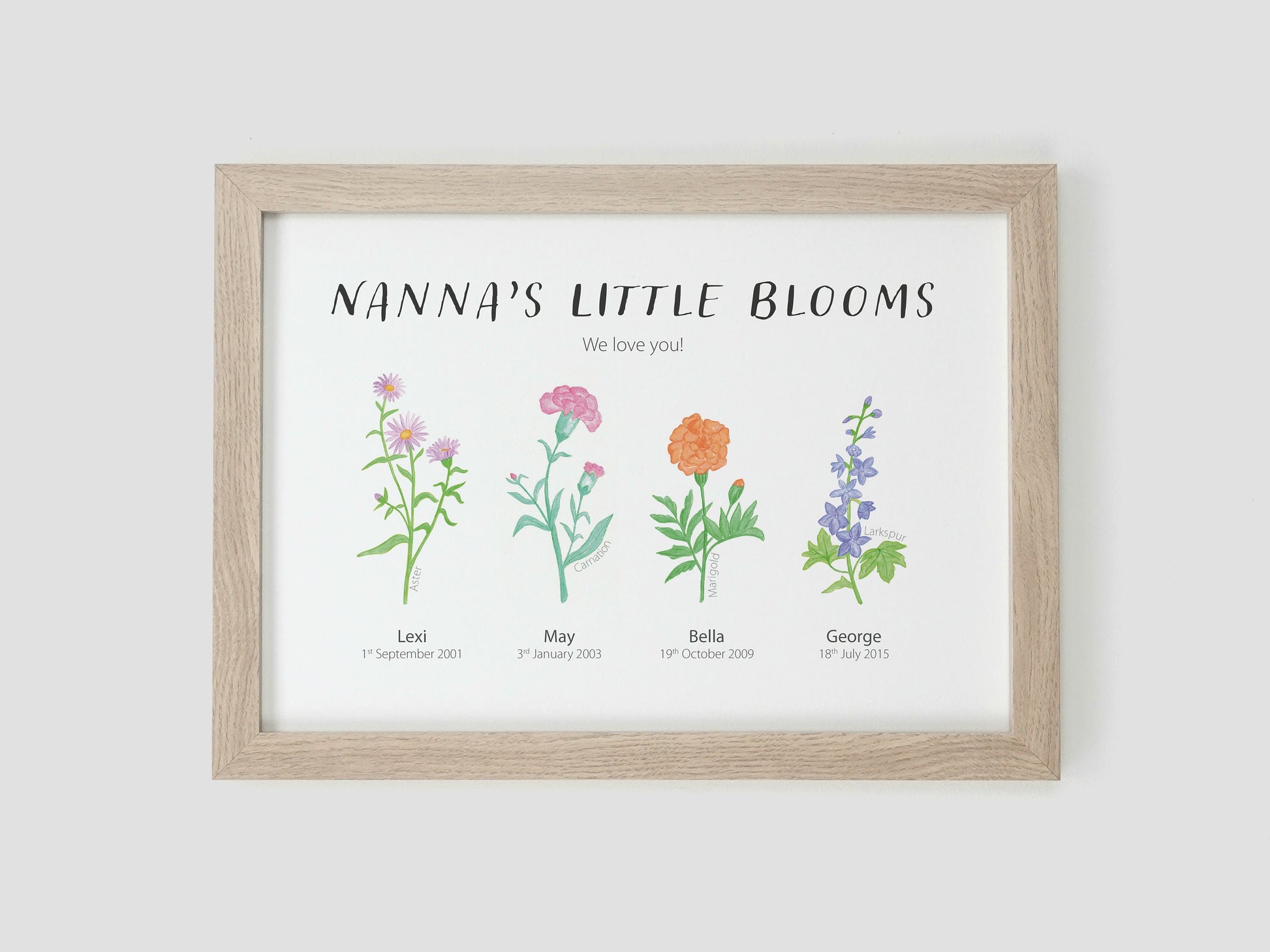 Family birth month flower gift | Hand painted watercolour flowers VA222