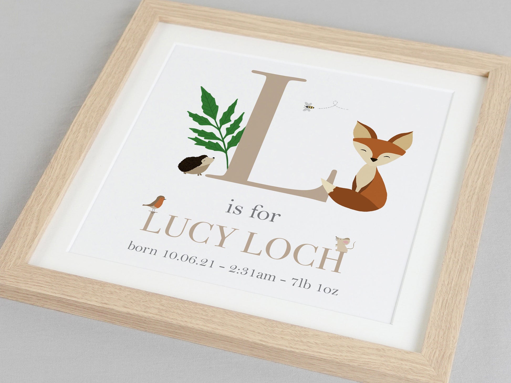 Woodland Nursery Gift | Personalised Baby Name Print | Christening gift for new baby girl boy | New parents baby gift | Childs bedroom VA018