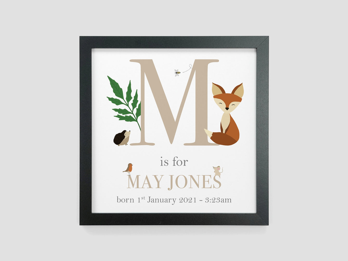 Woodland Nursery Gift | Personalised Baby Name Print | Christening gift for new baby girl boy | New parents baby gift | Childs bedroom VA018