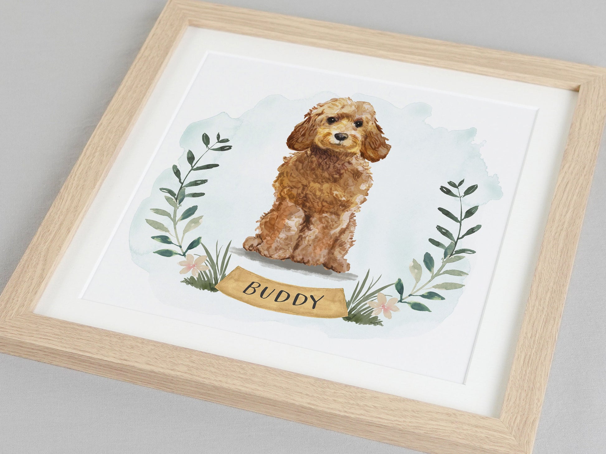 Personalised watercolour dog portrait with name | VA237