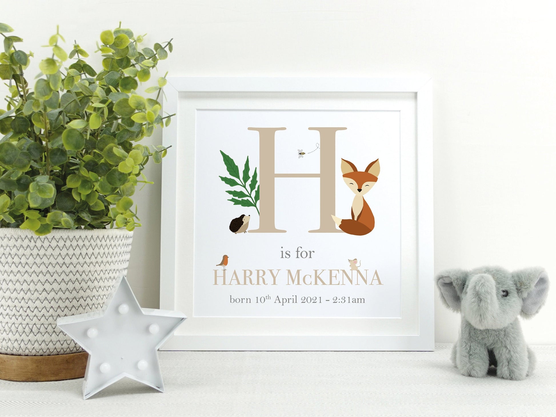 Woodland Nursery Gift | Personalised Baby Name Print | Christening gift for new baby girl boy | New parents baby gift | Childs bedroom VA018