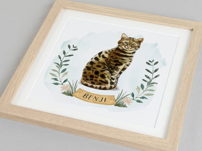 Personalised watercolour cat portrait with name | VA237