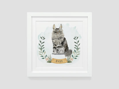 Personalised watercolour cat portrait with name | VA237