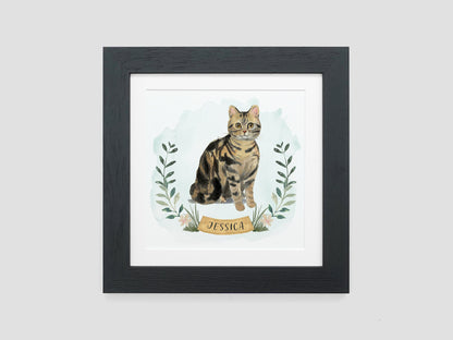 Personalised watercolour cat portrait with name | VA237