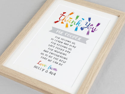 Thank you teacher print / Leaving school gift / Nursery leaving present / End of term gift / School nursery teacher TA poem VA157