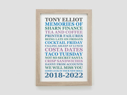 Personalised leaving present print poster | Memories of work job gift | Leaving work gift *CHOICE OF COLOUR* VA045