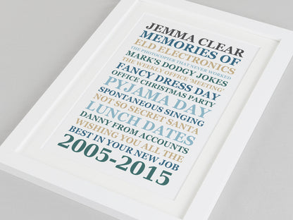 Personalised leaving present print poster | Memories of work job gift | Leaving work gift *CHOICE OF COLOUR* VA045