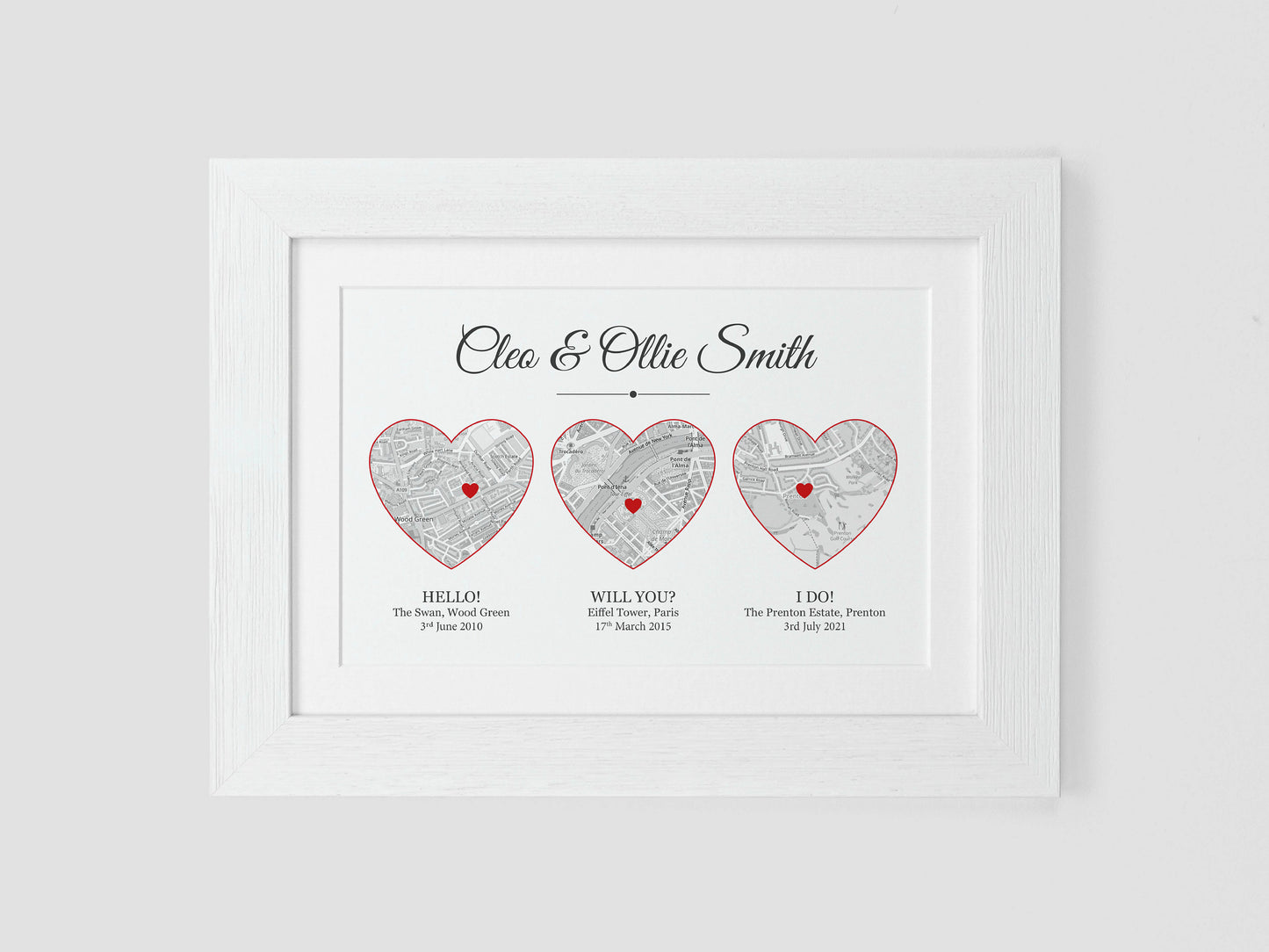 Met Engaged Married heart maps | Personalised with your own special events | Unique wedding or anniversary gift VA208