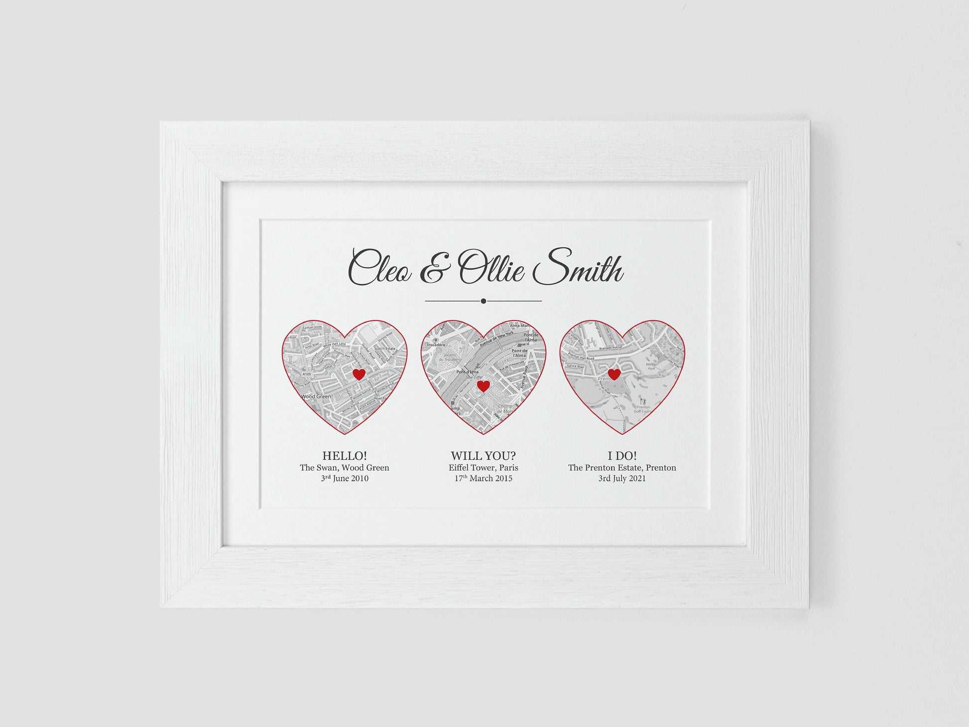 Met Engaged Married heart maps | Personalised with your own special events | Unique wedding or anniversary gift VA208