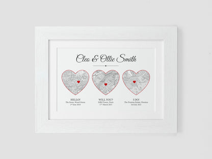 Met Engaged Married heart maps | Personalised with your own special events | Unique wedding or anniversary gift VA208