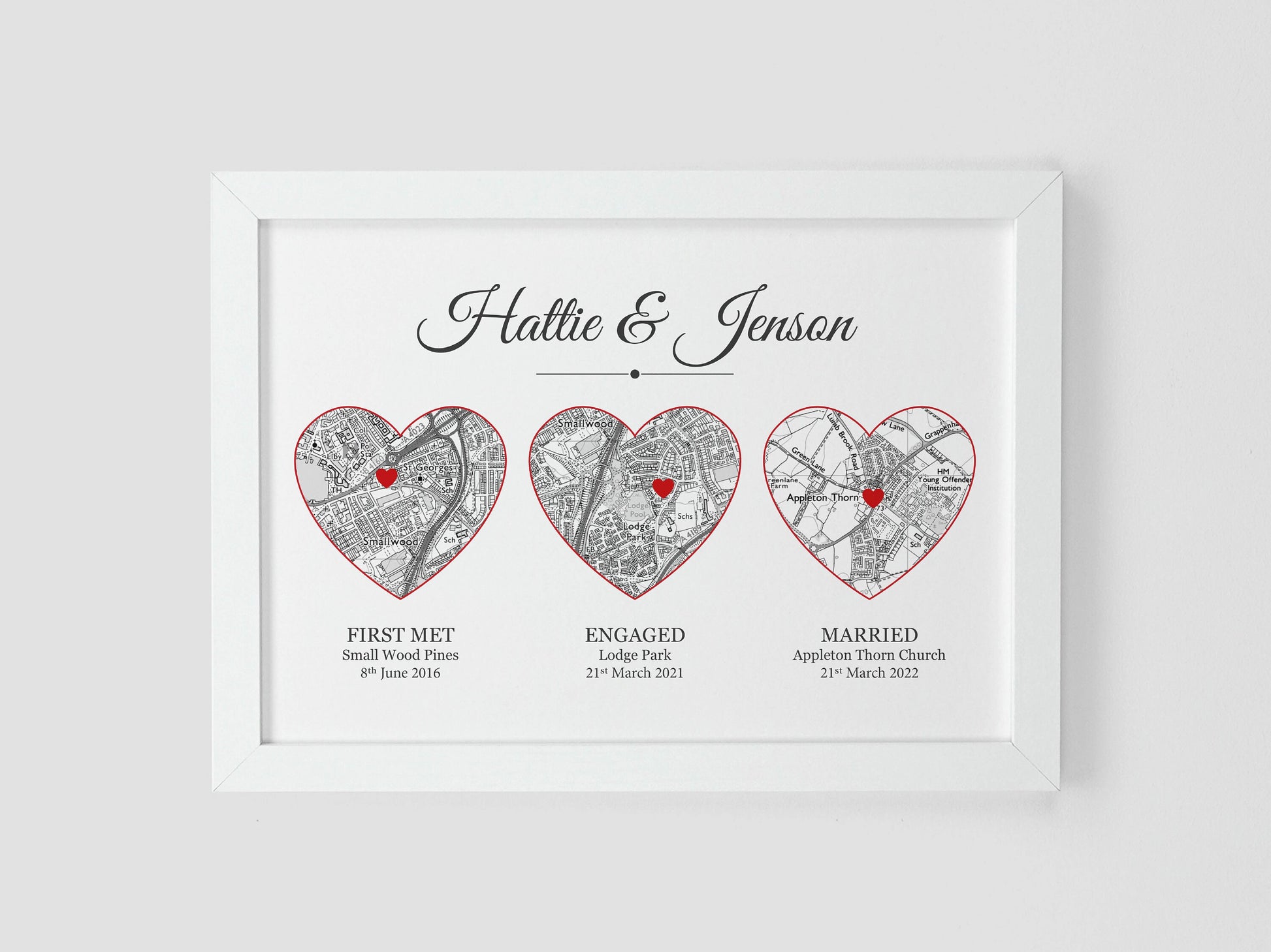 Met Engaged Married heart maps | Personalised with your own special events | Unique wedding or anniversary gift VA208