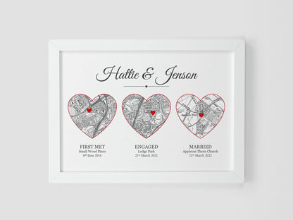 Met Engaged Married heart maps | Personalised with your own special events | Unique wedding or anniversary gift VA208