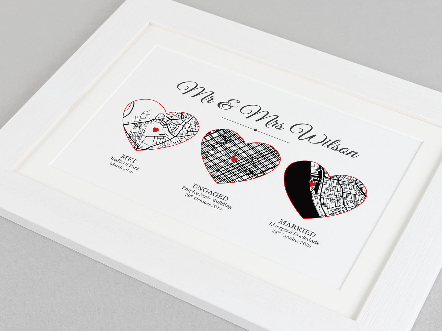 Met Engaged Married heart maps | Personalised with your own special events | Unique wedding or anniversary gift VA208