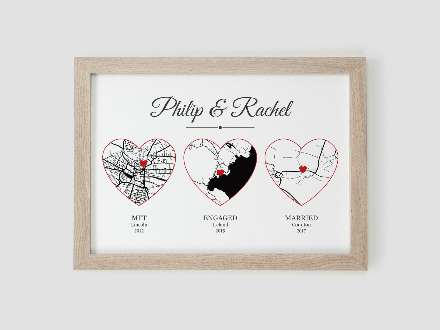 Met Engaged Married heart maps | Personalised with your own special events | Unique wedding or anniversary gift VA208