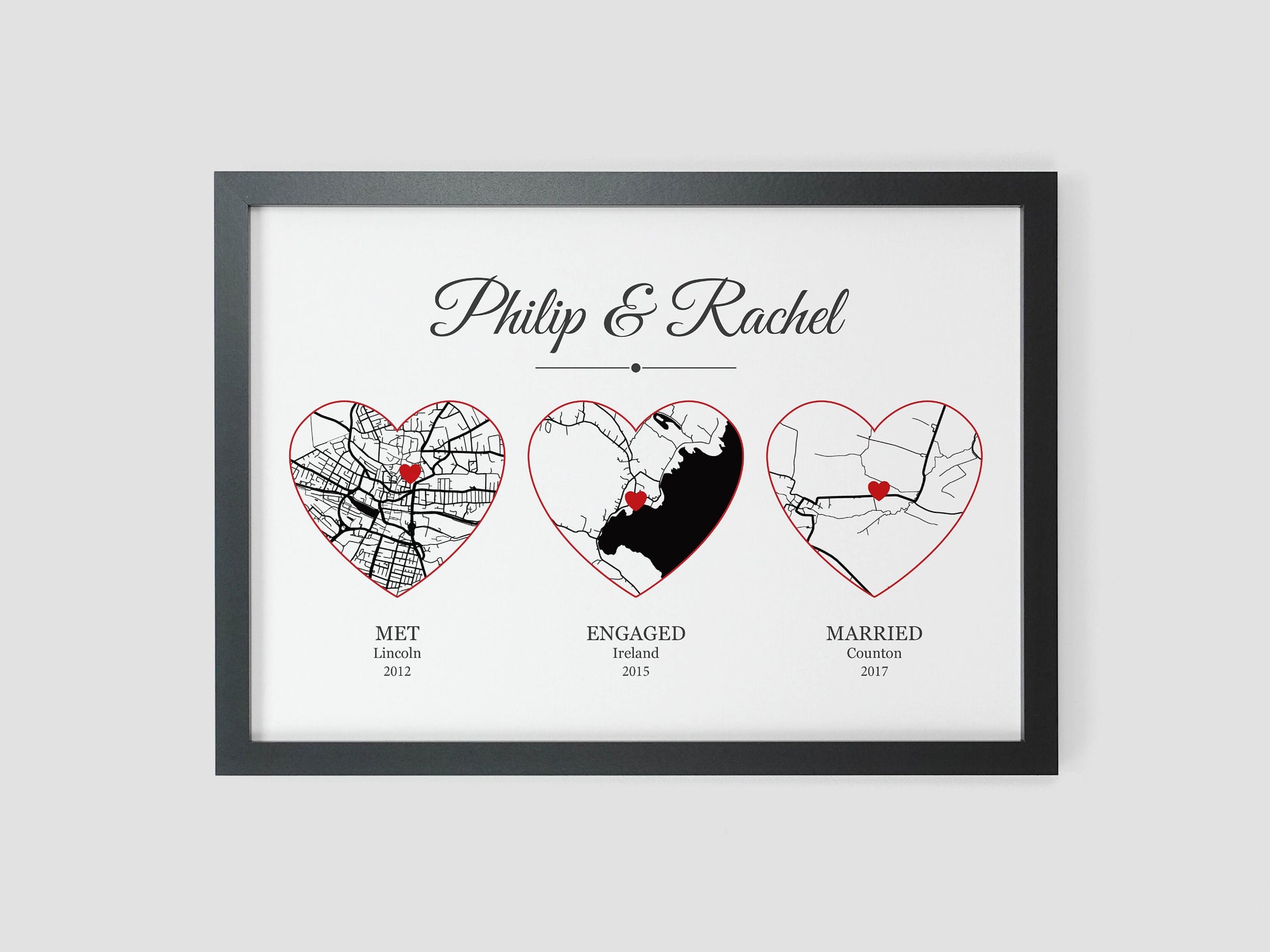 Met Engaged Married heart maps | Personalised with your own special events | Unique wedding or anniversary gift VA208