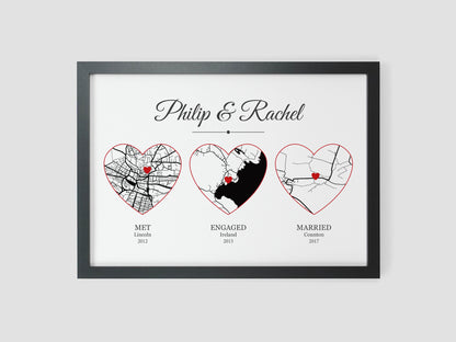 Met Engaged Married heart maps | Personalised with your own special events | Unique wedding or anniversary gift VA208