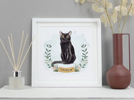 Personalised watercolour cat portrait with name | VA237