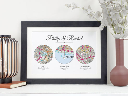 Met Engaged Married circle map print | Personalised maps showing any any three life events VA209