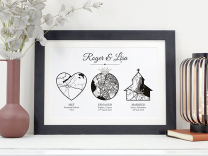 Met engaged married couples wedding anniversary gift | Personalised with maps of your special places VA204